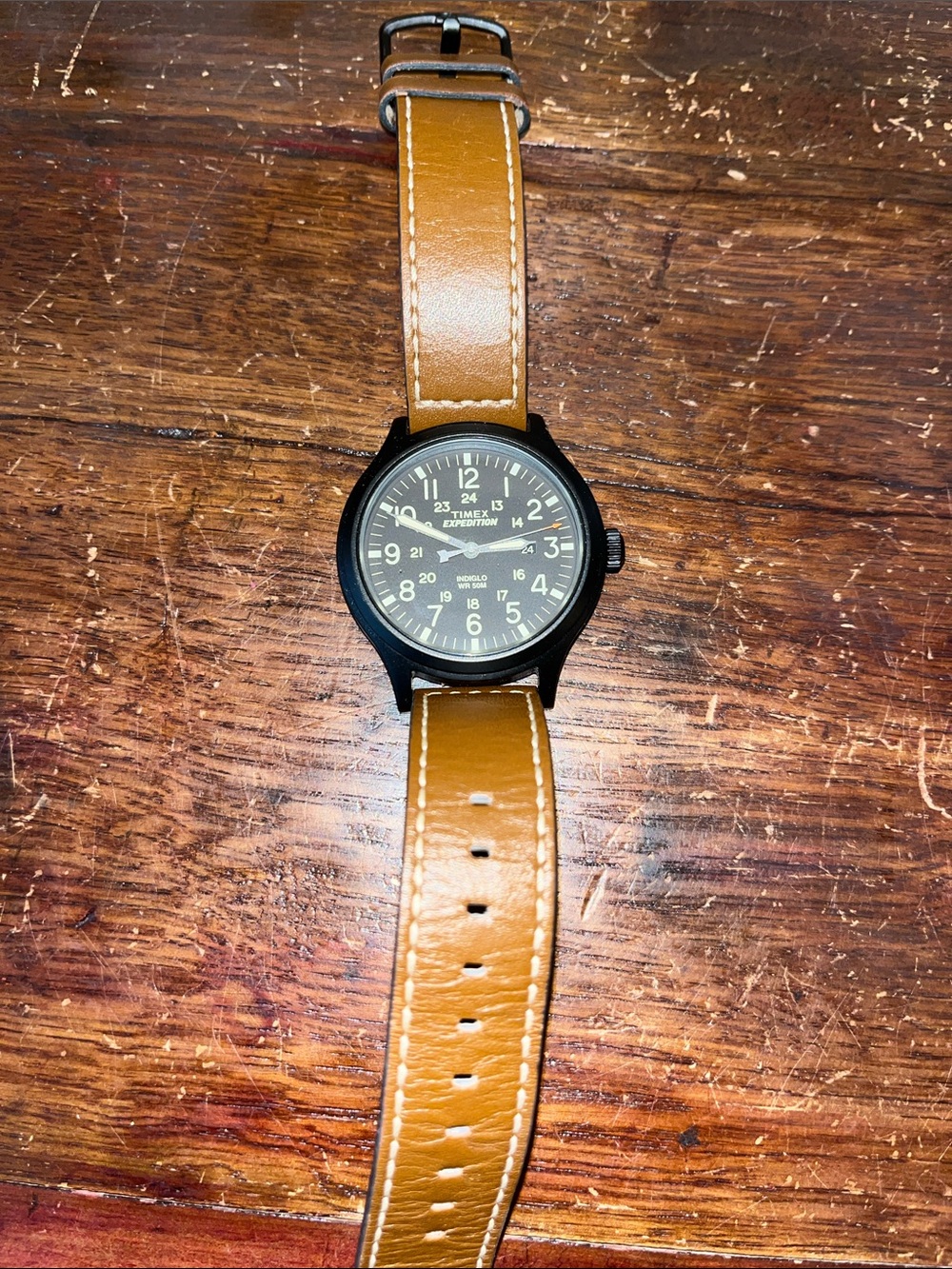 Timex Expedition Black Dial Men’s Watch Brown Genuine Leather Indiglo Date-50mWR